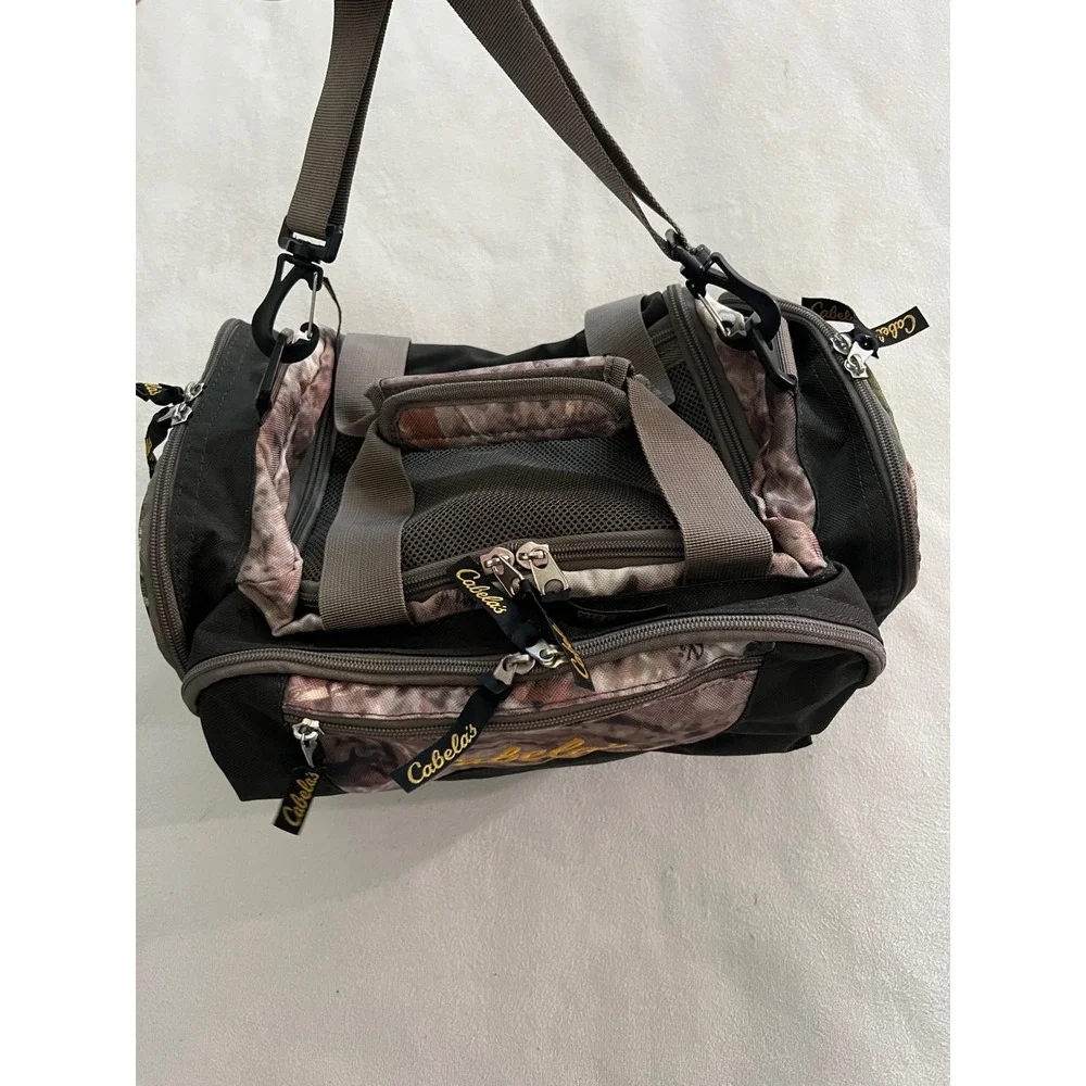 Cabelas Fishing Tackle Bag Camo Black Canvas Shoulder Strap Multi Pocket Storage